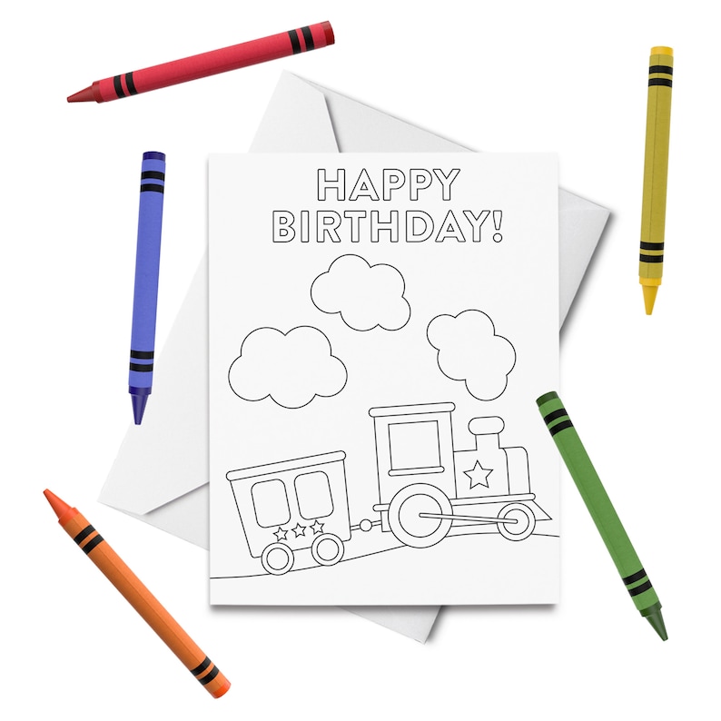 PRINTABLE Happy Birthday Coloring Card, Train Birthday Card, Birthday Card for Kids, Birthday Color Your Own Card, DIY Print & Color image 1