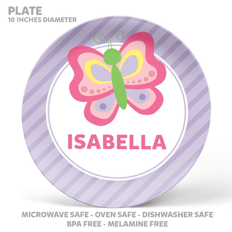Butterfly Plate, Bowl, Mug or Placemat Personalized Butterfly Dinnerware Set Personalized Plastic Plate for Kids Children Plate image 2