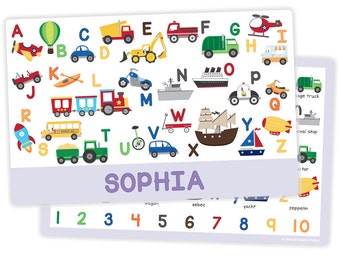 Personalized Transportation Alphabet Placemat for Girl - Personalized Kids Placemat - Childrens Placemat - Educational Placemat