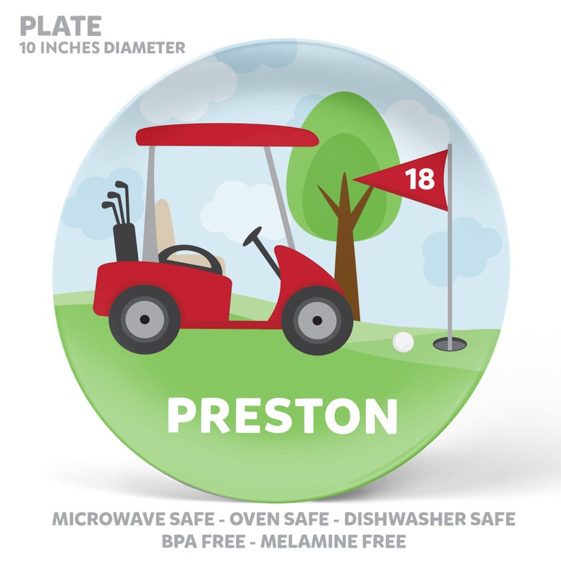 Golf Cart Plate, Bowl, Mug or Placemat Golf Cart Dinnerware Set for Boys Personalized Plate for Kids Custom Kids Plastic Tableware image 2