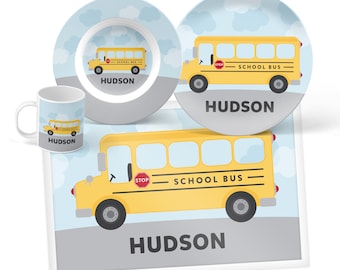 School Bus Plate, Bowl, Mug or Placemat - School Bus Dinnerware Set - Personalized Plastic Plate for Kids - Children Plates