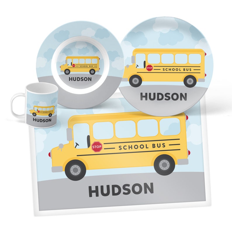 School Bus Plate, Bowl, Mug or Placemat School Bus Dinnerware Set Personalized Plastic Plate for Kids Children Plates image 1