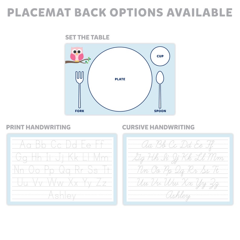 Owl Placemat, Owl Personalized Placemat for Girl, Name Placemat, Custom Kids Placemat, Laminated Activity Place Mat, Double-Sided Table Mat image 2