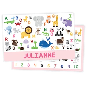 Personalized Animal Alphabet Placemat - Kids Double-Sided Laminated Placemat - ABC Learning Activity Mat - Gifts for Kids