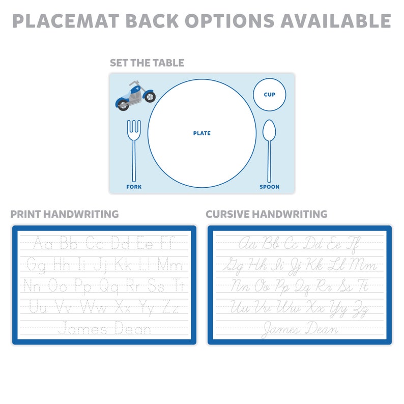 Motorcycle Placemat, Personalized Placemat for Boy, Personalized Motorcycle Placemat, Laminated Custom Kids Placemat, Handwriting Place Mat image 2