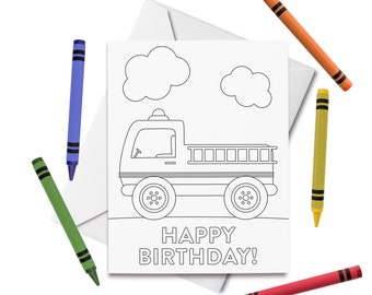 PRINTABLE Happy Birthday Coloring Card, Fire Truck Birthday Card, Birthday Card for Kids, Birthday Color Your Own Card, DIY Print & Color
