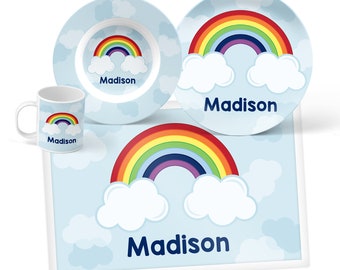 Personalized Rainbow Plate, Bowl, Mug or Placemat - Rainbow Dinnerware Set - Personalized Plate for Kids - Children Plates - Tableware