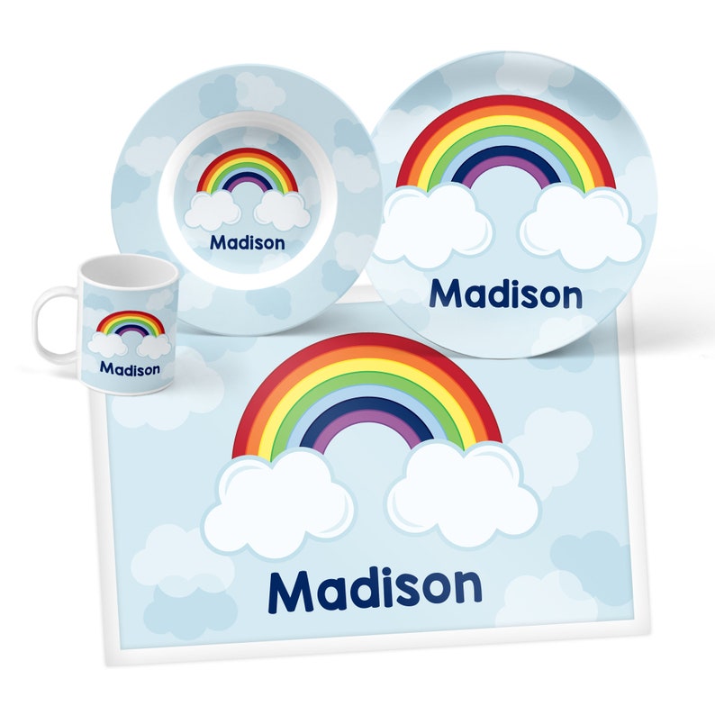 Personalized Rainbow Plate, Bowl, Mug or Placemat Rainbow Dinnerware Set Personalized Plate for Kids Children Plates Tableware image 1