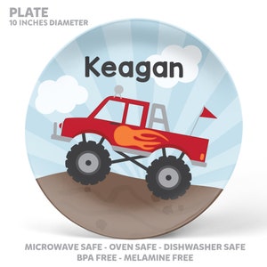 Monster Truck Plate, Bowl, Mug or Placemat Monster Truck Dinnerware Personalized Plastic Plate for Kids Custom Plastic Tableware image 2