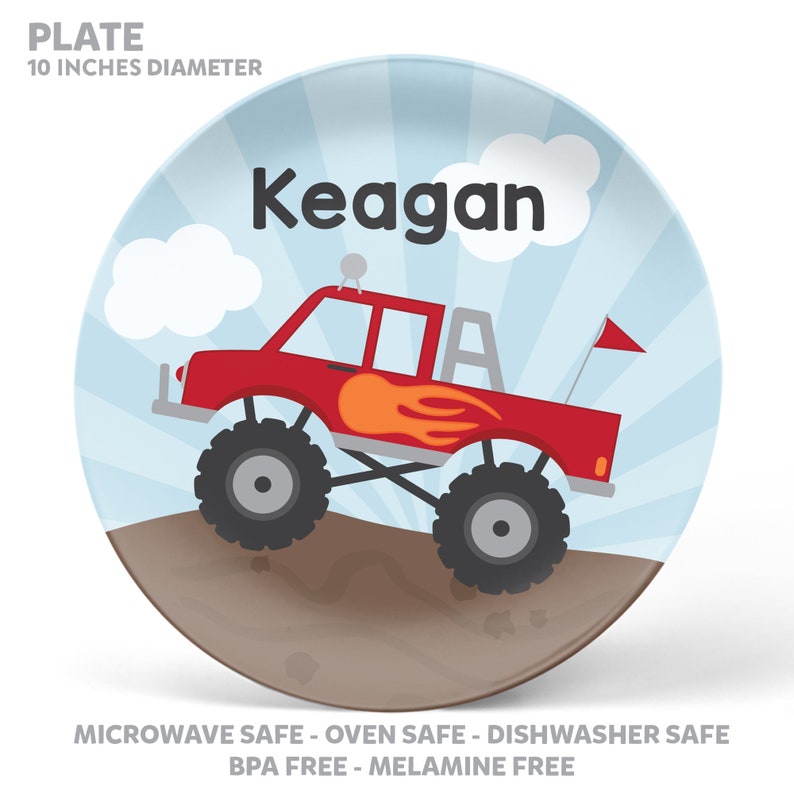 Monster Truck Plate, Bowl, Mug or Placemat Monster Truck Dinnerware Personalized Plastic Plate for Kids Custom Plastic Tableware image 2