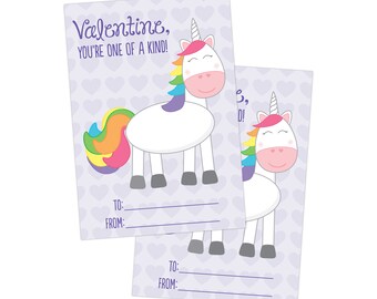 PRINTABLE Valentine for Kids, Unicorn Classroom Valentine, Valentines Day Card for School, Valentine You're One Of A Kind!