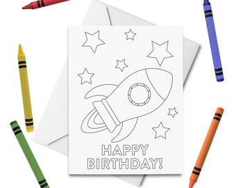 AFDRUKBARE Happy Birthday kleurkaart, ruimteschip verjaardagskaart, verjaardagskaart voor kinderen, verjaardag kleur je eigen kaart, DIY Print & Kleur