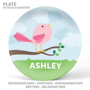 Cute Bird Plate, Bowl, Mug or Placemat Personalized Cute Bird Dinnerware Set Custom Kids Plastic Tableware Plate for Kids image 2