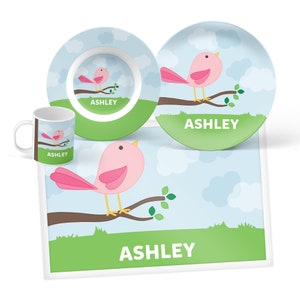 Cute Bird Plate, Bowl, Mug or Placemat Personalized Cute Bird Dinnerware Set Custom Kids Plastic Tableware Plate for Kids image 1