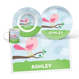 Personalized Bird Mealtime Set - Custom Dinnerware for Kids - Children’s Plate, Bowl, Mug or Placemat - Gifts for Kids