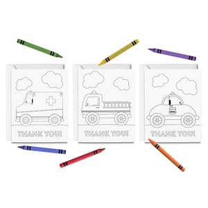 Biglietti da colorare di ringraziamento per i primi soccorritori STAMPABILI, 3 biglietti di ringraziamento per bambini, ambulanza, camion dei pompieri, auto della polizia, fai da te da stampare e colorare