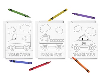 PRINTABLE Thank You First Responder Coloring Cards, 3 Thank You Note Cards for Kids, Ambulance, Fire Truck, Police Car, DIY Print & Color