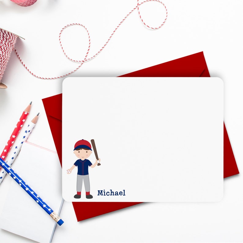 Baseball Stationery, Baseball Boy Note Cards, Kids Personalized Flat Notecards, Baseball Notecards, Children Stationery, Kids Thank You Card image 1