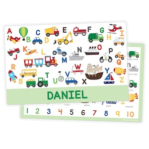 Personalized Transportation Alphabet Placemat - Kids Double-Sided Laminated Placemat - ABC Learning Activity Mat - Gifts for Kids