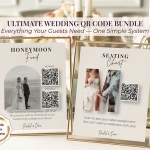 Puede incluir: Dos carteles de boda con marco dorado con texto y códigos QR. Un cartel dice "Honeymoon Fund" con una foto de una pareja y códigos QR para Venmo y PayPal. El otro cartel dice "Seating Chart" con una foto de una pareja.