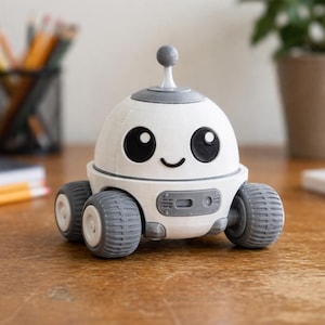 Può includere: Un robot giocattolo bianco e grigio con un volto sorridente e grandi occhi neri. Il robot ha quattro ruote grigie e una piccola antenna sulla parte superiore. Il giocattolo è su una superficie di legno.