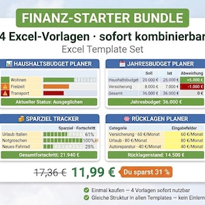 Könnte beinhalten: Ein digitales Finanzvorlagen-Set namens "FINANZ-STARTER BUNDLE" mit vier Excel-Vorlagen. Das Bild zeigt Budgetplaner, Spar-Tracker und Finanzübersichten. Das Farbschema umfasst grüne, blaue und orange Elemente, mit Text auf Deutsch.