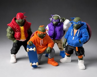 Urban TMNT Turtle Collection Set | Streetwear Ninja Turtle Figures | 3D Printed Gamer Room Decor | Full Turtle Bundle Display