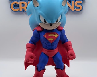 SuperSonic Superman Inspired Sonic Hero Fanart Figure | 3D Printed Crossover Collectible | Anime Gaming Decor | Desk Setup Display | Unique