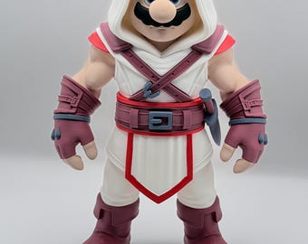 Assassin Style Mario Inspired Figure | 3D Printed Gaming Collectible | Video Game Fan Art Statue | Gamer Desk Decor | 11 Inch Display
