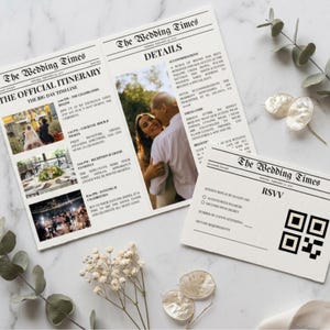 Puede incluir: Un conjunto de papelería de boda diseñado como un periódico titulado The Wedding Times. Incluye un itinerario plegado con detalles del evento y fotos, y una tarjeta RSVP separada con un código QR. Texto negro sobre papel color crema.