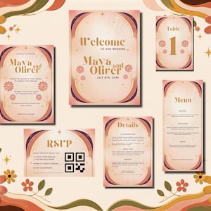 Puede incluir: Un conjunto de papelería de boda que incluye cartel de bienvenida, invitación, tarjeta RSVP con código QR, tarjeta de detalles, menú y número de mesa. Las tarjetas tienen un fondo degradado en melocotón y crema con arcos y flores.