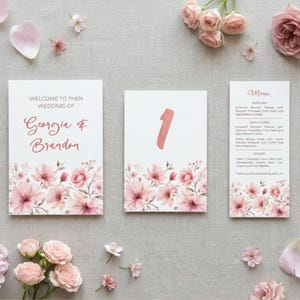 Blush Pink Wedding Reception Bundle, Romantic Rose Welcome Sign Canva, Pastel Floral Dinner Menu Card, Table Numbers Decor 1-20