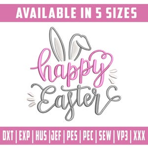 Puede incluir: Un diseño gráfico con las palabras "happy Easter" en escritura rosa y gris, con orejas de conejo encima de la palabra "happy". El texto "AVAILABLE IN 5 SIZES" está en la parte superior. La parte inferior de la imagen enumera los formatos de archivo.