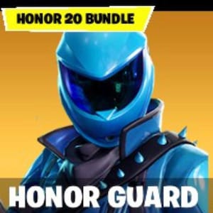 Op de afbeelding: Een blauwe futuristische helm en harnasset met de tekst "HONOR 20 BUNDLE" en "HONOR GUARD". De helm heeft een donker vizier en het harnas heeft blauwe spikes op de schouders. De achtergrond is een gele en oranje gradiënt.