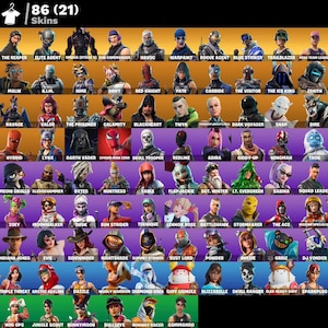Puede incluir: Una cuadr&iacute;cula de 86 skins de personajes de un videojuego, cada uno con un dise&ntilde;o &uacute;nico. Las skins est&aacute;n dispuestas en filas y columnas, con nombres como "The Reaper", "Elite Agent" y "Darth Vader" debajo de cada personaje.