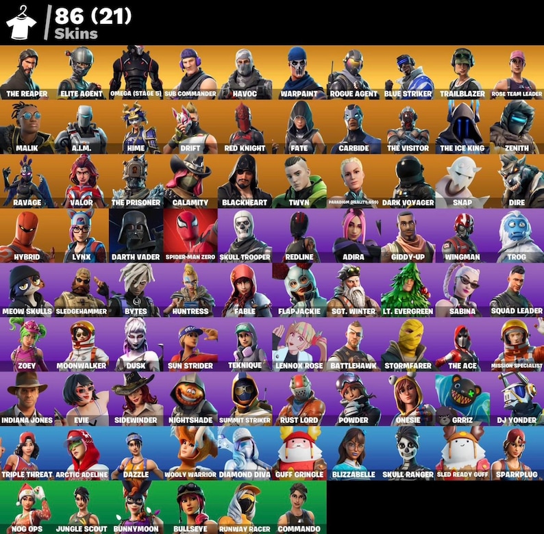 Puede incluir: Una cuadr&iacute;cula de 86 skins de personajes de un videojuego, cada uno con un dise&ntilde;o &uacute;nico. Las skins est&aacute;n dispuestas en filas y columnas, con nombres como "The Reaper", "Elite Agent" y "Darth Vader" debajo de cada personaje.