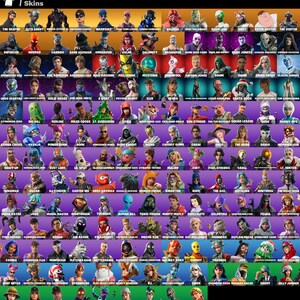 May include: A collection of 165 Fortnite skins, each with a distinct design. The skins are organised in rows and columns, with names beneath each character. The colour palette is varied, showcasing characters with diverse outfits and appearances.