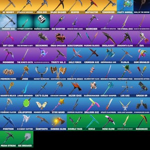 Puede incluir: Una cuadr&iacute;cula de 48 picos con varios dise&ntilde;os y colores, incluyendo hachas, guada&ntilde;as y otras herramientas. Cada pico tiene un nombre &uacute;nico, como "Ol' Woody", "Frozen Axe" y "Party Animal". La imagen incluye el texto "Pickaxes" en la parte superior.