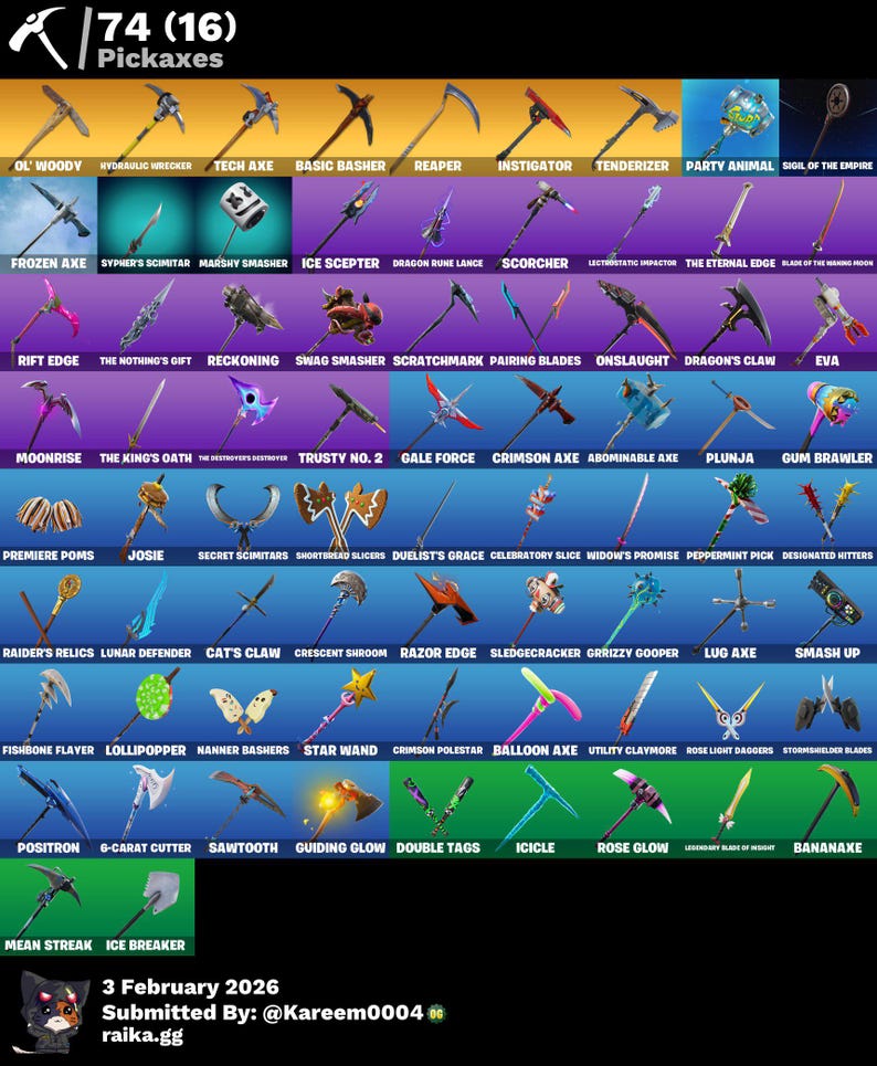 Puede incluir: Una cuadr&iacute;cula de 48 picos con varios dise&ntilde;os y colores, incluyendo hachas, guada&ntilde;as y otras herramientas. Cada pico tiene un nombre &uacute;nico, como "Ol' Woody", "Frozen Axe" y "Party Animal". La imagen incluye el texto "Pickaxes" en la parte superior.