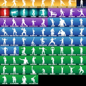Puede incluir: Una colorida infograf&iacute;a muestra 76 movimientos de baile, cada uno ilustrado con una silueta blanca sobre un fondo vibrante. Los bailes est&aacute;n categorizados y etiquetados con nombres como "Take the L", "Boogie Down" y "Free Flow". La imagen incluye una fecha y un nombre de usuario.