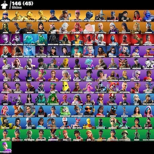 Può includere: Una griglia di skin dei personaggi di Fortnite, ognuna con un design e un nome unici. L'immagine presenta una varietà di personaggi, tra cui eroi, cattivi e abiti a tema. Il testo in alto recita "146 (45) Skins".