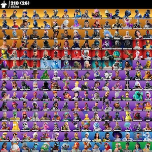 May include: A grid of 210 Fortnite skins, each with a unique character design. The image is organized in rows and columns, with each character's name displayed below. The text "210 (26) Skins" is at the top.