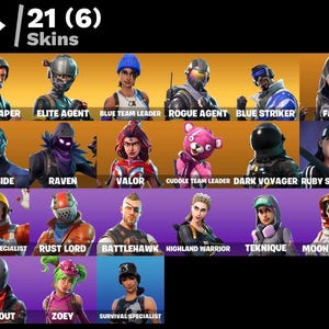 May include: Image featuring 21 Fortnite skins, including The Reaper, Elite Agent, and Blue Team Leader. Each skin is displayed with its name, showcasing a variety of character designs and outfits. The image is set against a black background.