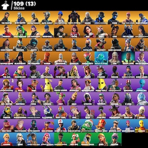 Puede incluir: Una cuadrícula de 109 skins de Fortnite, cada una con un diseño único. Las skins presentan varios personajes con diferentes atuendos, incluyendo superhéroes, soldados y figuras futuristas. La imagen incluye el texto "109 (13) Skins".