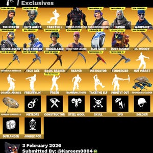 Puede incluir: Gr&aacute;fico con contenido de Fortnite, incluyendo skins de personajes, picos y emotes. La imagen presenta personajes como The Reaper, Elite Agent y Omega, junto con objetos como el Tech Axe y el Founder's Umbrella. El texto incluye "37 (4) Exclusives" y fechas.