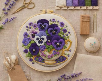 Floral Pansy Embroidery Kit – DIY Hand Stitching Set