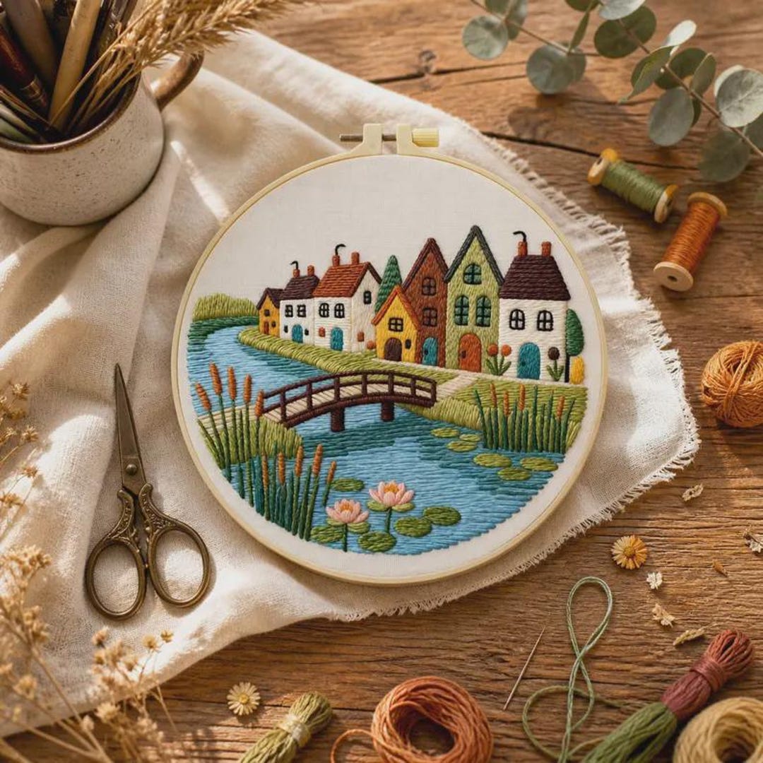 DIY Embroidery Kit – Colorful Village Landscape Hoop Art Craft Kit for ...