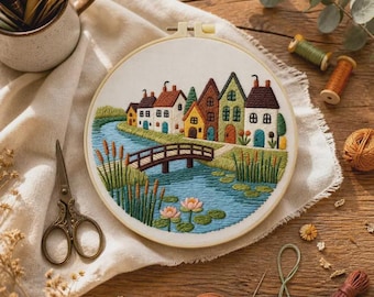 DIY Embroidery Kit – Colorful Village Landscape Hoop Art Craft Kit for Beginners
