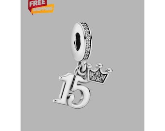 Sterling Silver 15th Birthday Charm with Crown, Fits European Bracelets
