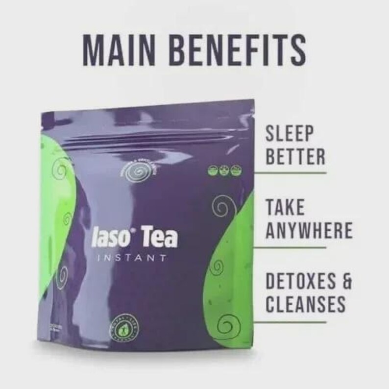 Pode incluir: Uma embalagem roxa e verde de Iaso Tea Instant. A embalagem tem redemoinhos verdes e as palavras "Iaso Tea Instant" em branco. O texto "Main Benefits" est&aacute; no topo, com "Sleep Better", "Take Anywhere" e "Detoxes & Cleanses" listados abaixo.